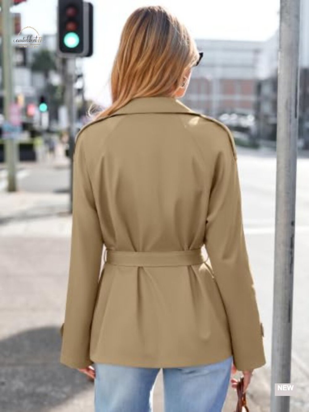 Women's Short Trench Coat Double Breasted Stand Collar Belted Fall Jacket - Picture 2 of 6